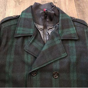Tommy Hilfiger Plaid Wool Peacoat Bib Stand Collar Coat